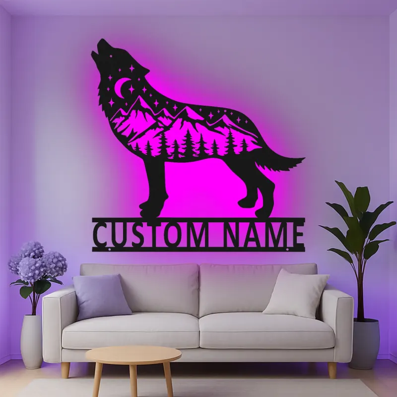 Custom Wolf Mountain Scene Led Light Metal Wall Art Personalized Gift for Nature Lovers Rustic Cabin Decor 2