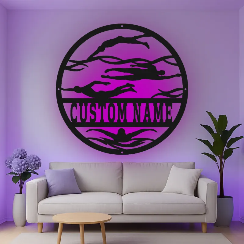 Décoration murale en métal LED personnalisée pour nageurs - Cadeau pour nageurs, décoration de salle de sport ou de piscine