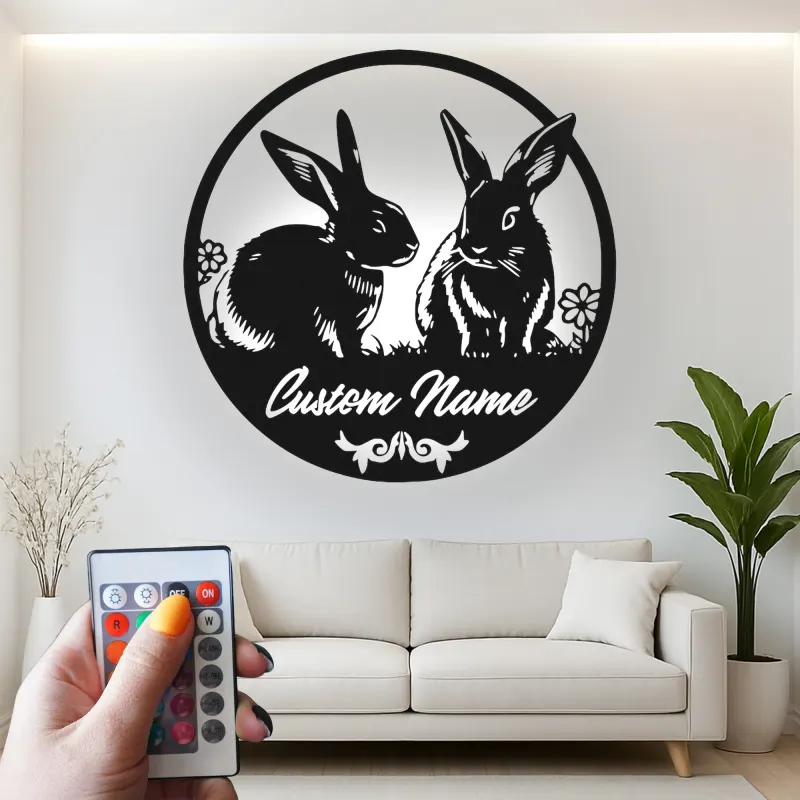Insegna in Metallo Personalizzata con Coniglio e LED | Arte in Metallo del Coniglio | Decorazione per Nursery e Casa per Amanti degli Animali