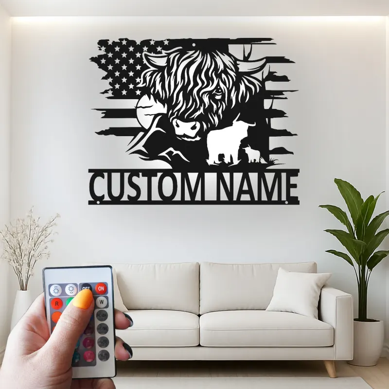 Décoration murale en métal Highland Cow | Enseigne LED personnalisée avec drapeau USA | Déco ranch sur mesure | Cadeau pour fermier