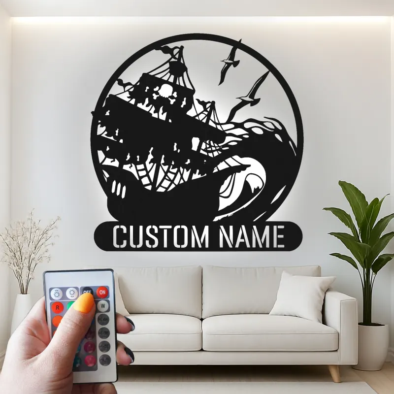 Décoration Murale en Métal de Navire Pirate | Plaque de Nom LED Personnalisée | Décor Nautique Vague Océan pour Bar à Domicile