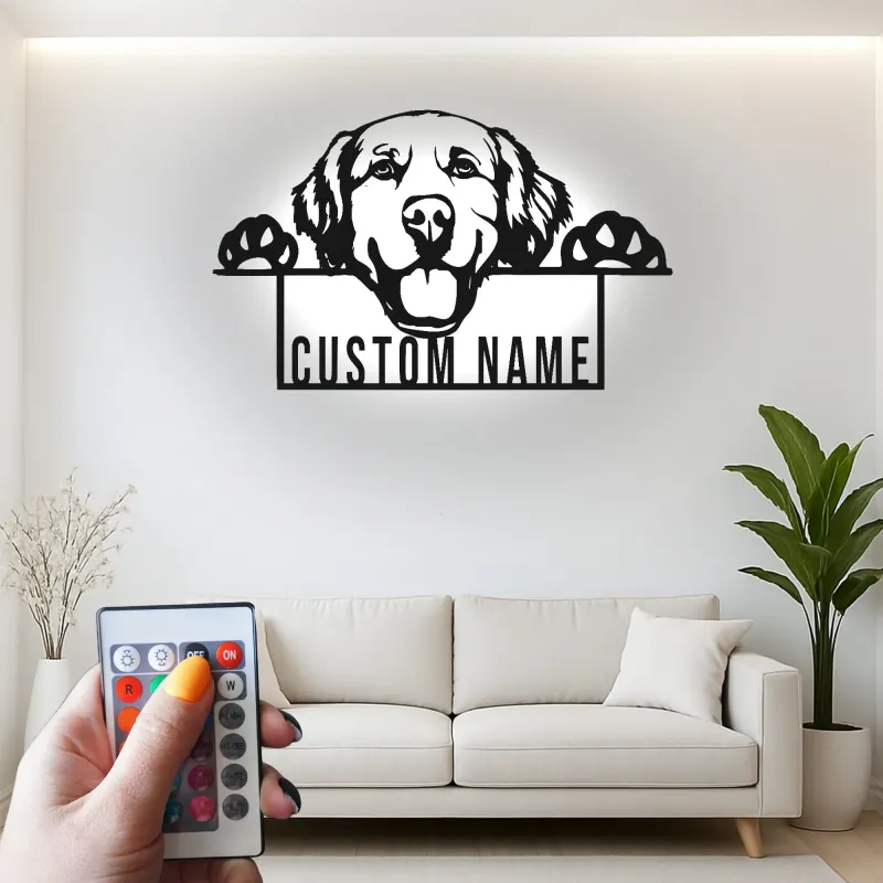 Décoration murale en métal LED personnalisée pour les amoureux des chiens - Golden Retriever