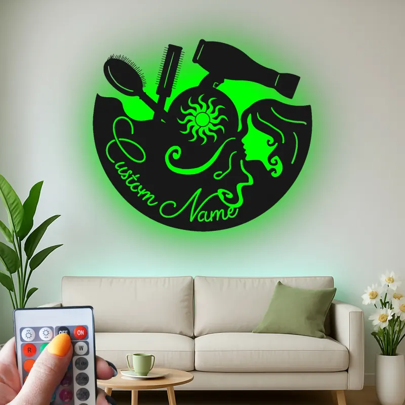 Enseigne de salon personnalisée | Art mural LED en métal sur mesure pour coiffeur | Décoration d’institut de beauté | Cadeau pour coiffeur