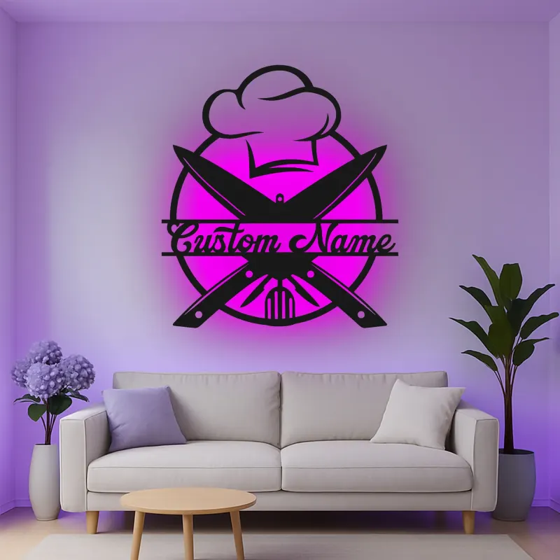 Décoration murale en métal personnalisée Chapeau de Chef et Ustensiles avec rétroéclairage LED