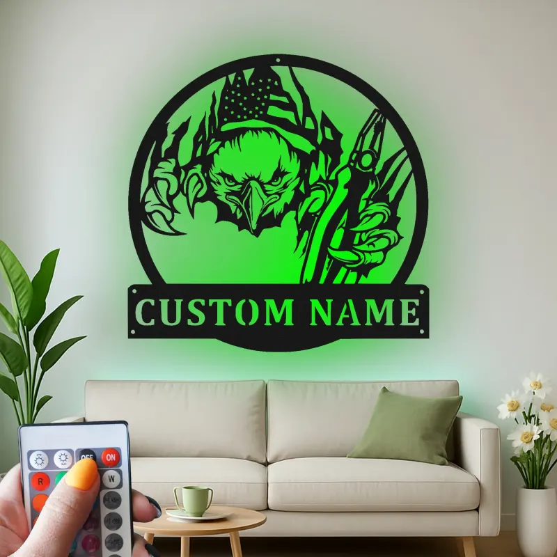 Décoration murale en métal personnalisée avec éclairage LED Aigle Américain - Cadeau patriotique pour lui, décoration de garage ou de man cave