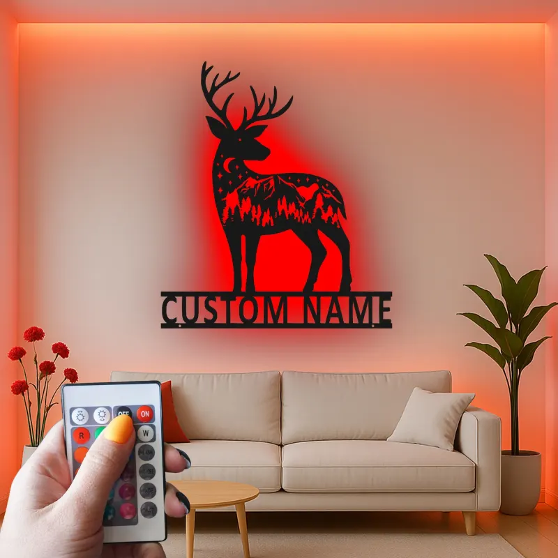 Insegna in metallo personalizzata con silhouette di cervo e luce LED regalo per amanti della natura decorazione per chalet o lodge