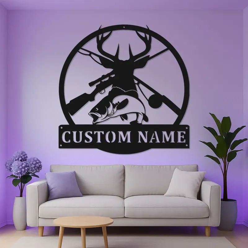 Insegna LED in metallo personalizzata per caccia e pesca | Arredo per baita per sportivi | Arte rustica per man cave