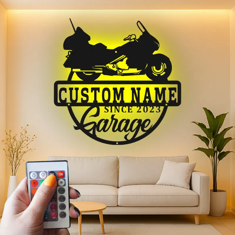 Personalized Motorcycle Garage Sign | LED Metal Wall Art for Man Cave | Custom Biker Dad Gift | Cruiser Bike Decor