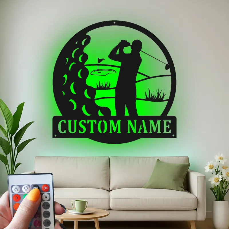 Panneau métallique personnalisé pour golfeur | Décoration LED avec prénom | Cadeau pour amateur de golf | Déco de man cave et bar à domicile