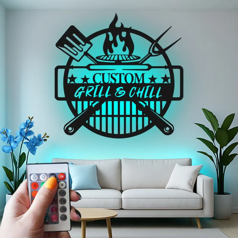 Custom Grill & Chill LED Metal Sign | BBQ Patio Wall Decor | Outdoor Kitchen Art | Personalized Gift for Grill Master Dad