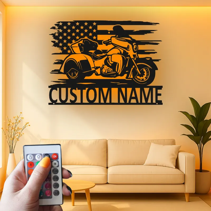 Panneau LED personnalisé pour trike | Plaque de nom de motard avec drapeau américain | Décoration murale en métal pour garage | Cadeau pour homme cave