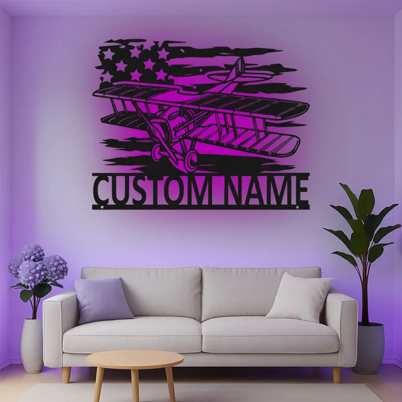 Décoration murale en métal personnalisée avec rétroéclairage - Drapeau américain - Cadeau pour pilote, hangar ou bureau
