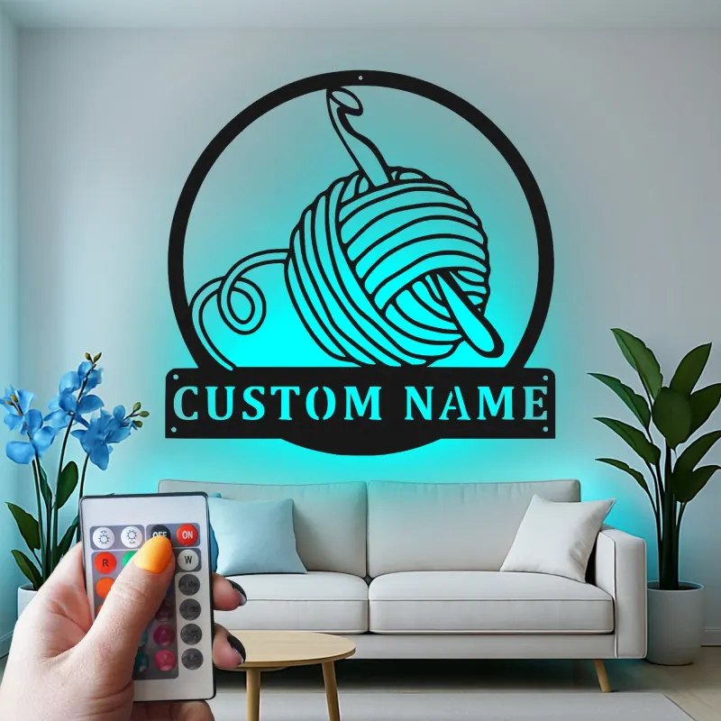 Custom Yarn and Crochet Hook Led Light Metal Wall Art Knitting Gift for Crafters Craft Room Decor