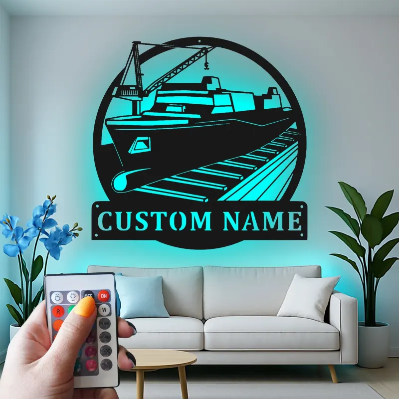 Décoration murale en métal LED personnalisée Grue de chantier - Cadeau nautique pour marins - Décor pour bureau ou cave à vin