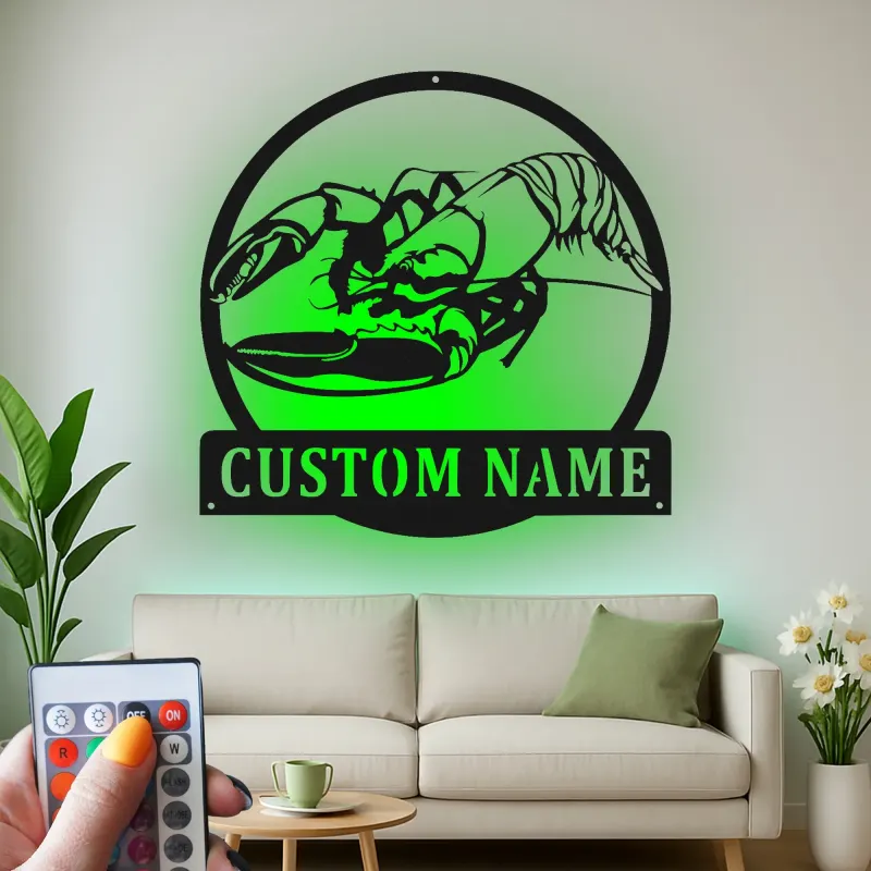 Insegna in metallo LED personalizzata con aragosta | Decorazione per cucina costiera personalizzata | Arte murale per casa al mare e regalo per pescatori