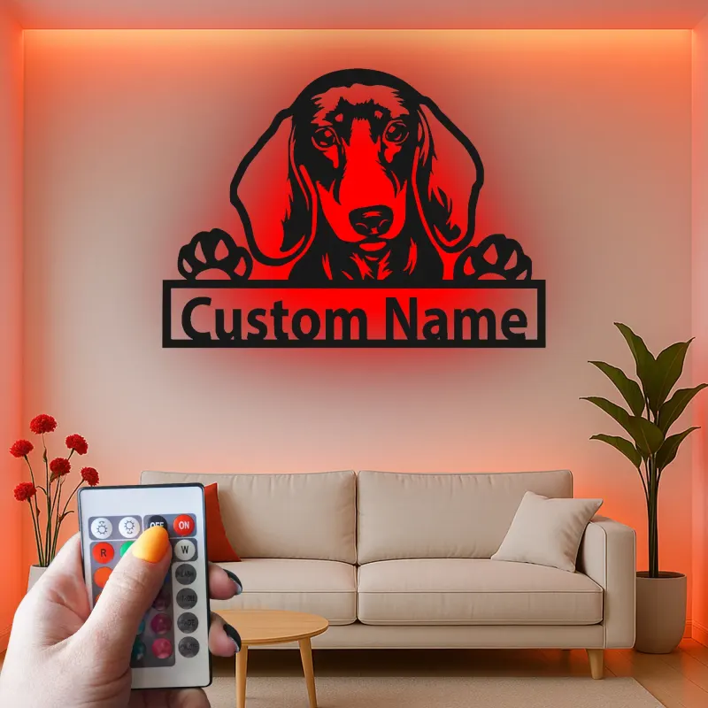 Cartel de metal LED personalizado de Dachshund, regalo para amantes de los perros, decoración para el salón 1