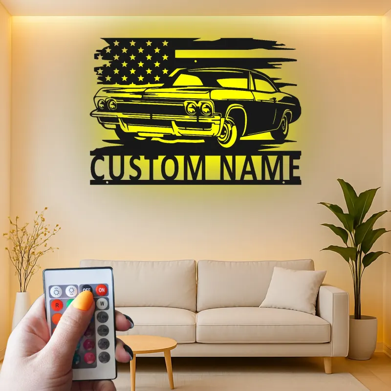 Décoration murale en métal personnalisée de voiture classique avec rétroéclairage LED - Cadeau pour passionnés de voitures - Décor de garage ou de man cave 1