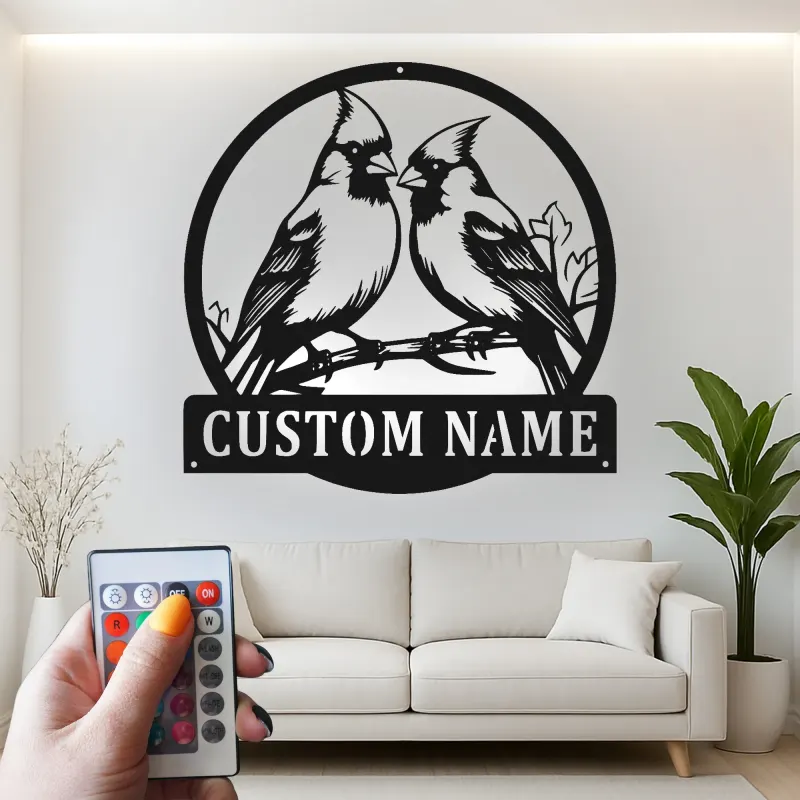 Insegna in metallo personalizzata con coppia di cardinali e luce LED - Regalo per amanti degli uccelli - Decorazione per soggiorno e natura