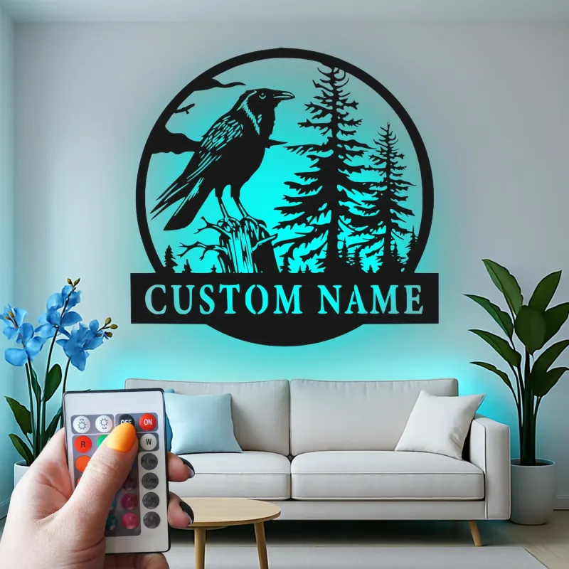 Décoration murale en métal LED de corbeau | Panneau nominatif personnalisé pour décor de cabane | Silhouette de faune forestière personnalisée | Cadeau pour amoureux de la nature