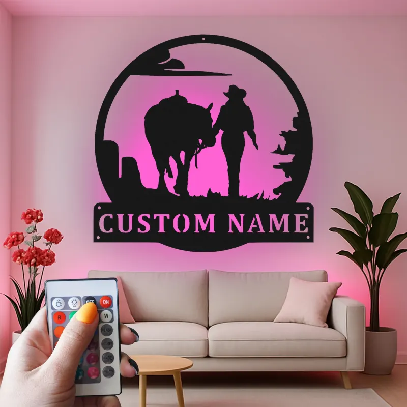 Insegna in metallo LED personalizzata con cowboy e cavallo - Regalo western per lui, decorazione rustica per ranch