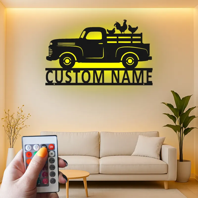 Personalisierte Farm-Truck-Metallschild | Individuelles LED-Wandkunst | Rustikale Bauernhaus- & Ranch-Dekoration | Vintage-Hühnertafel-Geschenk