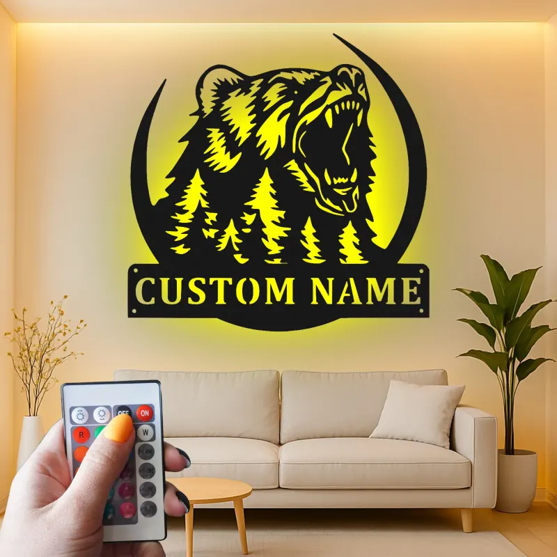 Cartel de metal LED de bosque de osos personalizado Regalo para entusiastas del aire libre Decoración de cabaña o lodge
