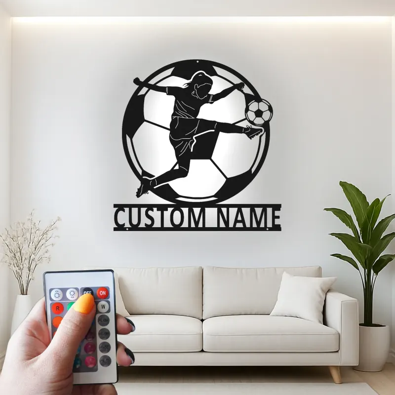 Cartel de metal personalizado de jugadora de fútbol femenino con luz LED, regalo personalizado de fútbol para atletas, decoración para sala de juegos