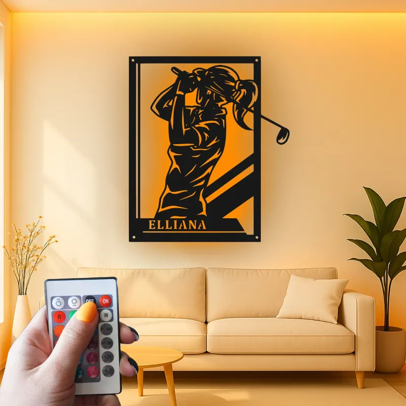 Insegna in metallo personalizzata per golfista femminile con luce LED