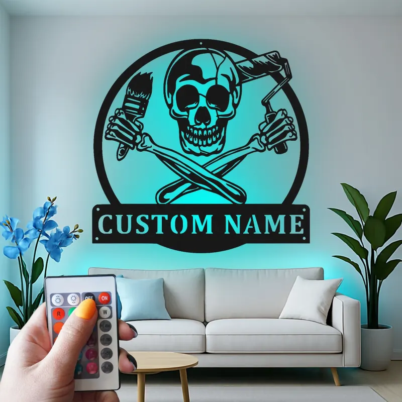 Individuelles Skull Painter Schild | Personalisiertes LED Metallschild für Studio | Gothic Wanddekoration für Künstler | Überkreuzte Pinsel- & Farbroller-Logo