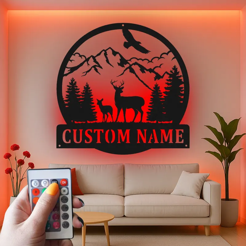 Personalisiertes LED-Metallschild für Berg-Reh-Szenen – Einzigartiges Geschenk für Naturfreunde, Dekoration für Berghütte oder Lodge