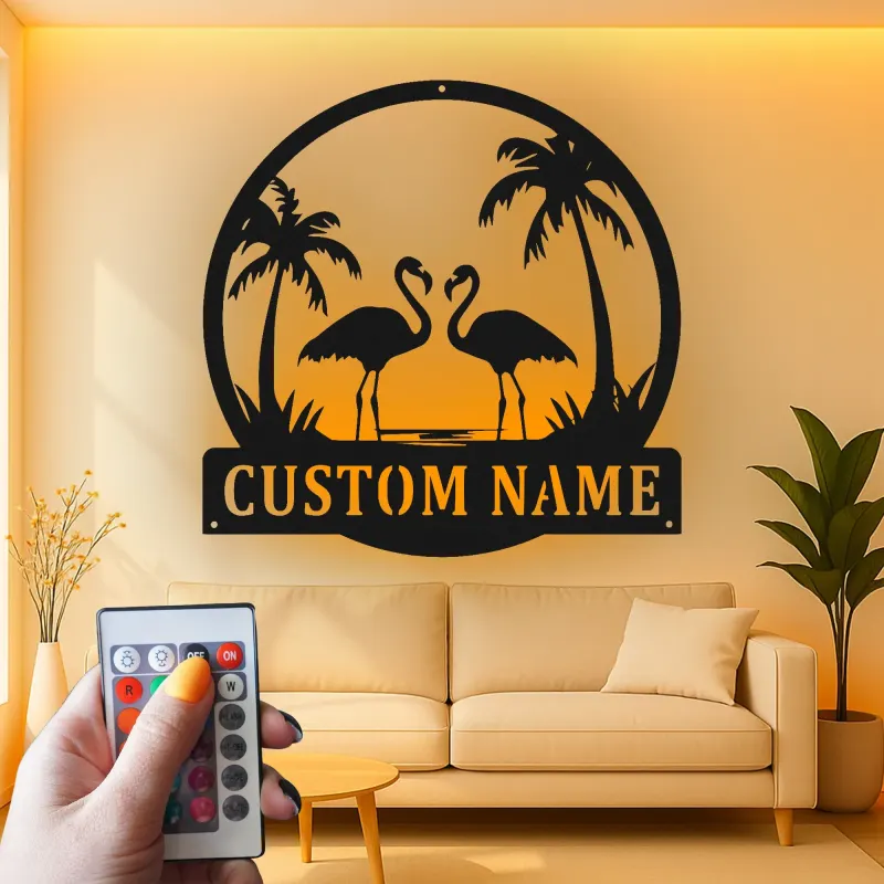 Arte mural de metal LED de flamenco | Cartel tropical personalizado | Decoración de casa de playa | Placa de nombre personalizada para hogares costeros