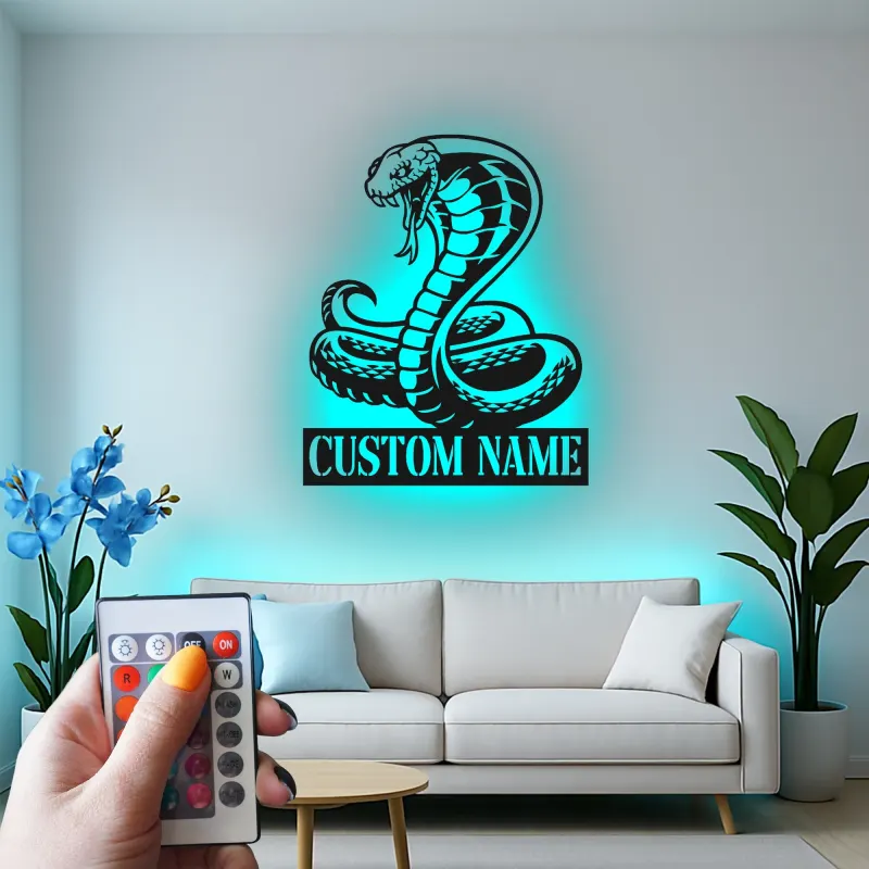Cartel de cobra personalizado con LED | Arte mural de serpiente personalizada | Regalo para amante de reptiles | Decoración exótica para sala de juegos y cueva de hombre