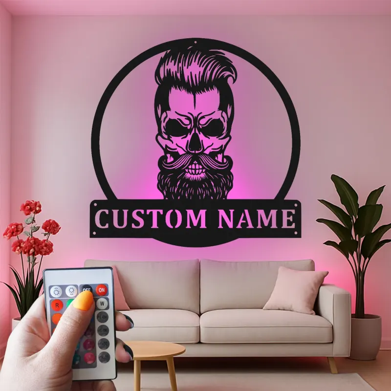 Insegna in metallo personalizzata con luci LED a forma di teschio barbuto - Regalo unico per lui - Decorazione per man cave o garage