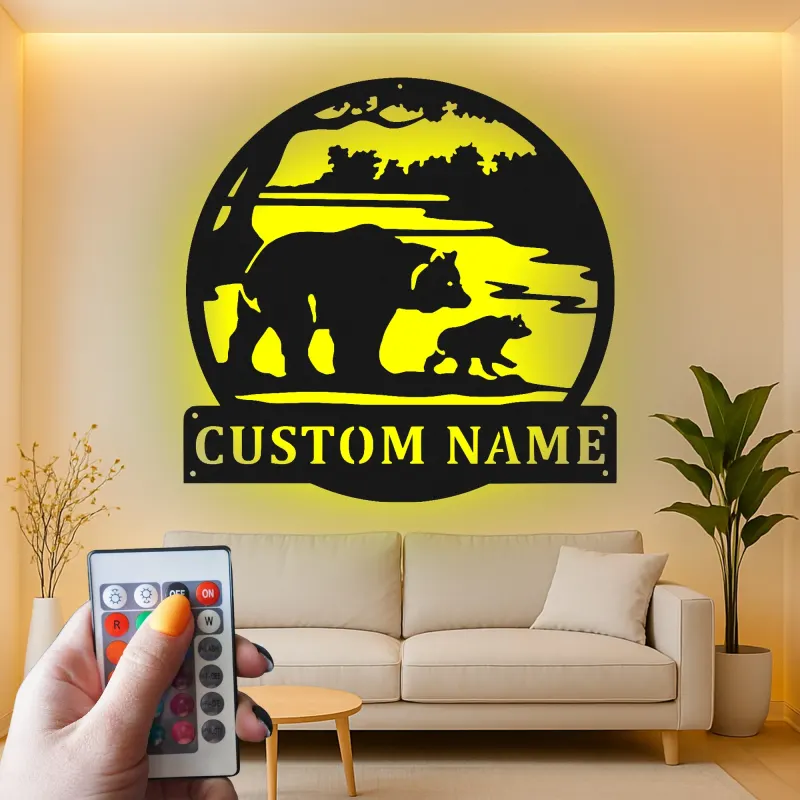 Cartel de metal LED Familia de Osos personalizado Regalo de naturaleza para familias Decoración de cabaña o sala
