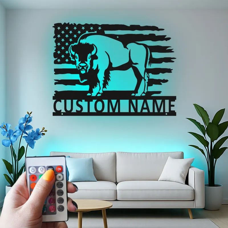 Décoration murale en métal LED personnalisée avec un bison et le drapeau américain - Cadeau patriotique pour lui, décoration rustique pour un homme