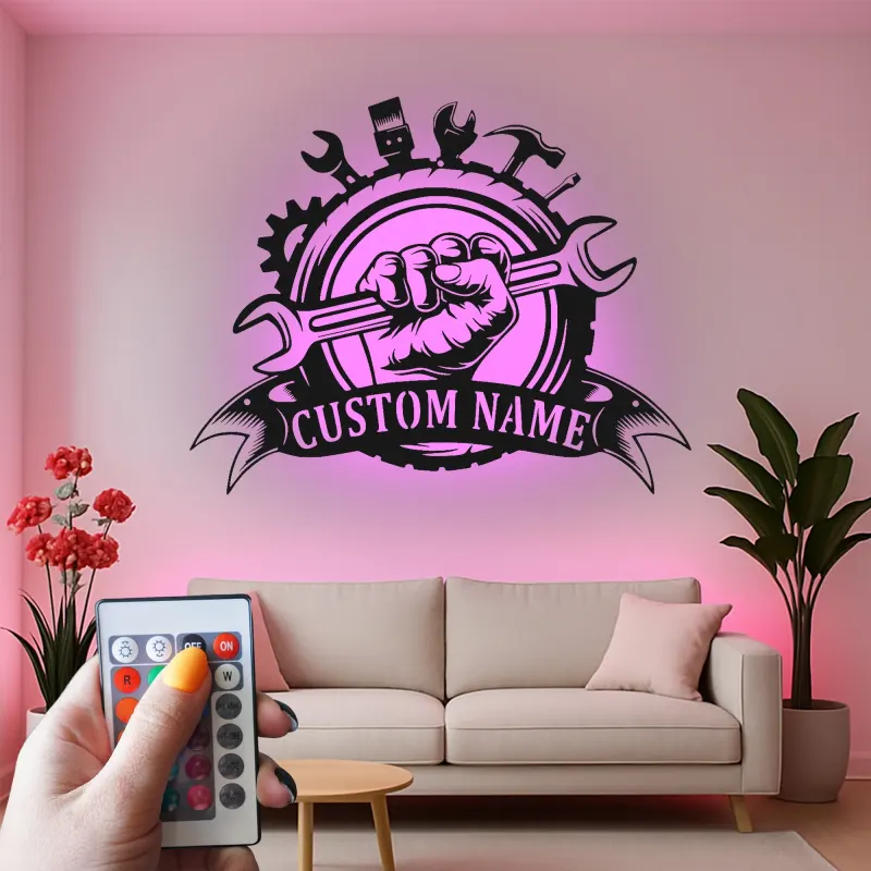 Custom Mechanic Tools Led Light Metal Wall Art Personalized Gift for Him Garage Workshop Decor