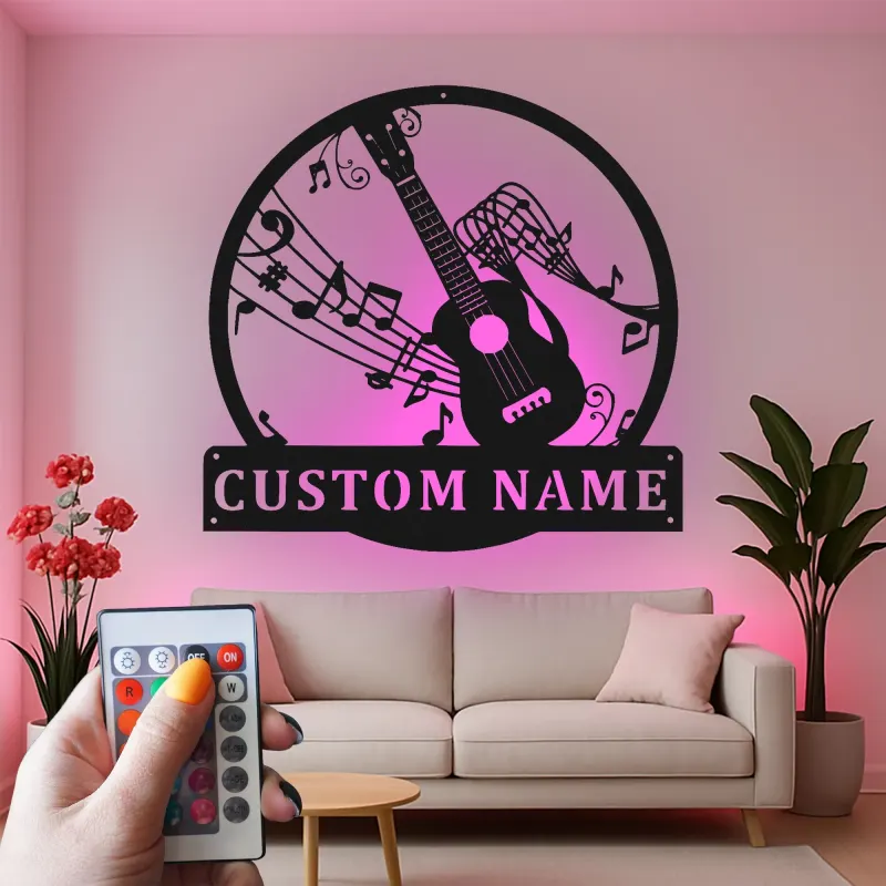Décoration murale en métal LED guitare personnalisée | Enseigne musicien avec nom | Déco de salle de musique et studio