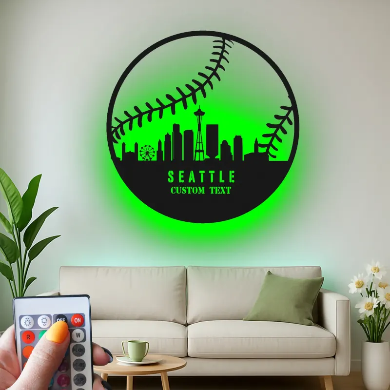 Seattle Skyline Baseball Sign | LED Metal Wall Art for Man Cave | Custom Sports Fan Gift