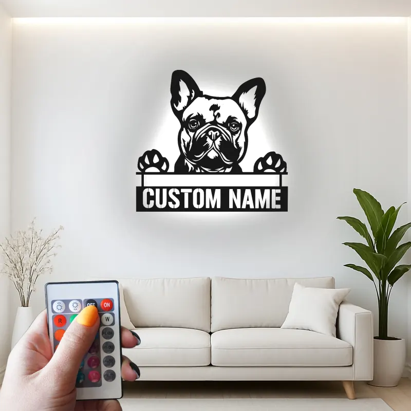 Arte murale LED in metallo con Bulldog Francese | Insegna personalizzata con nome del cane | Regalo su misura per amanti dei cani | Arredo moderno minimalista