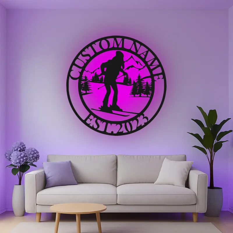 Décoration murale en métal personnalisée Ski avec rétroéclairage LED Cadeau personnalisé pour les passionnés de ski Décor de chalet ou de lodge