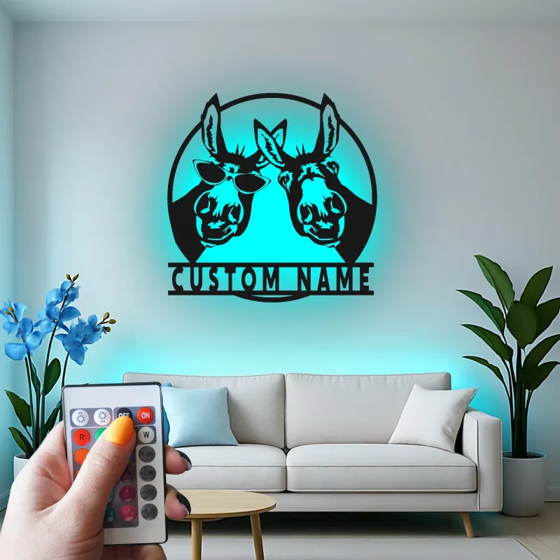 Insegna in metallo LED Donkey Duo personalizzata regalo rustico per la casa