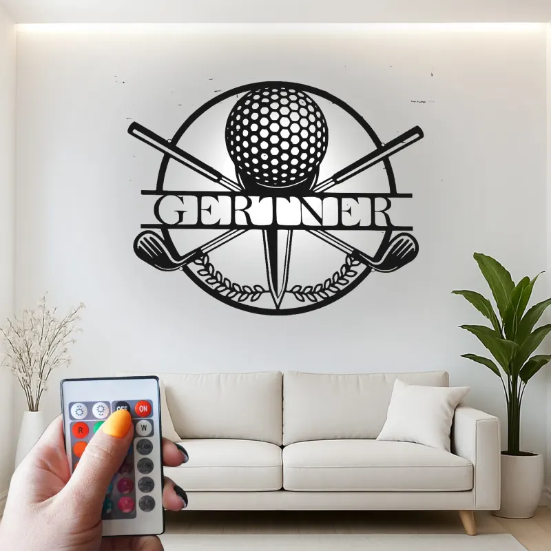 Panneau de golf personnalisé avec prénom | Décoration murale en métal LED | Cadeau sur mesure pour golfeur | Déco de bar sportif et bureau