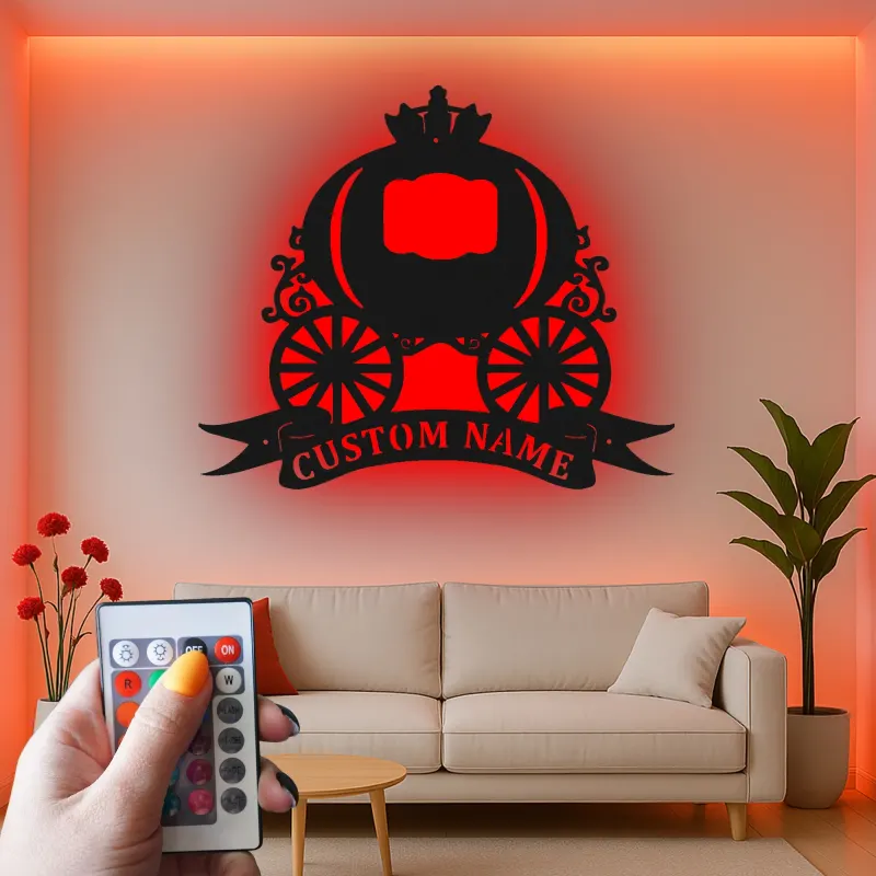 Cartel de carroza de calabaza personalizado | Arte mural de metal para guardería | Decoración temática de princesa con luces LED para habitación de niña