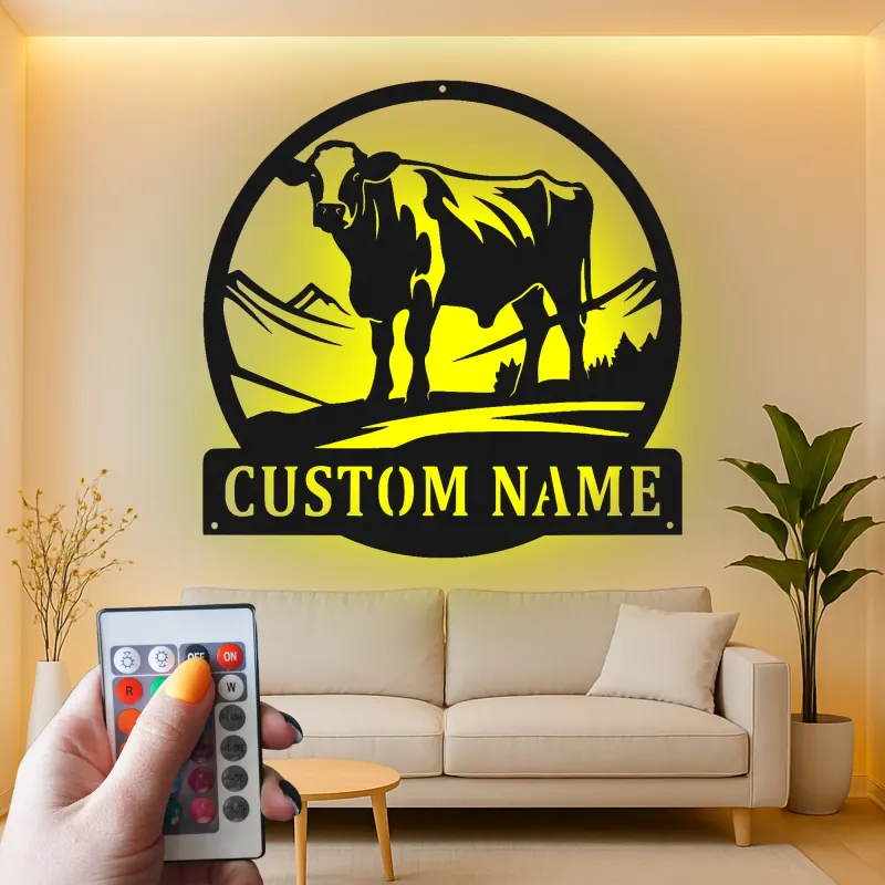 Décoration murale en métal LED personnalisée de vache - Cadeau de ferme pour éleveurs - Décor rustique pour le salon