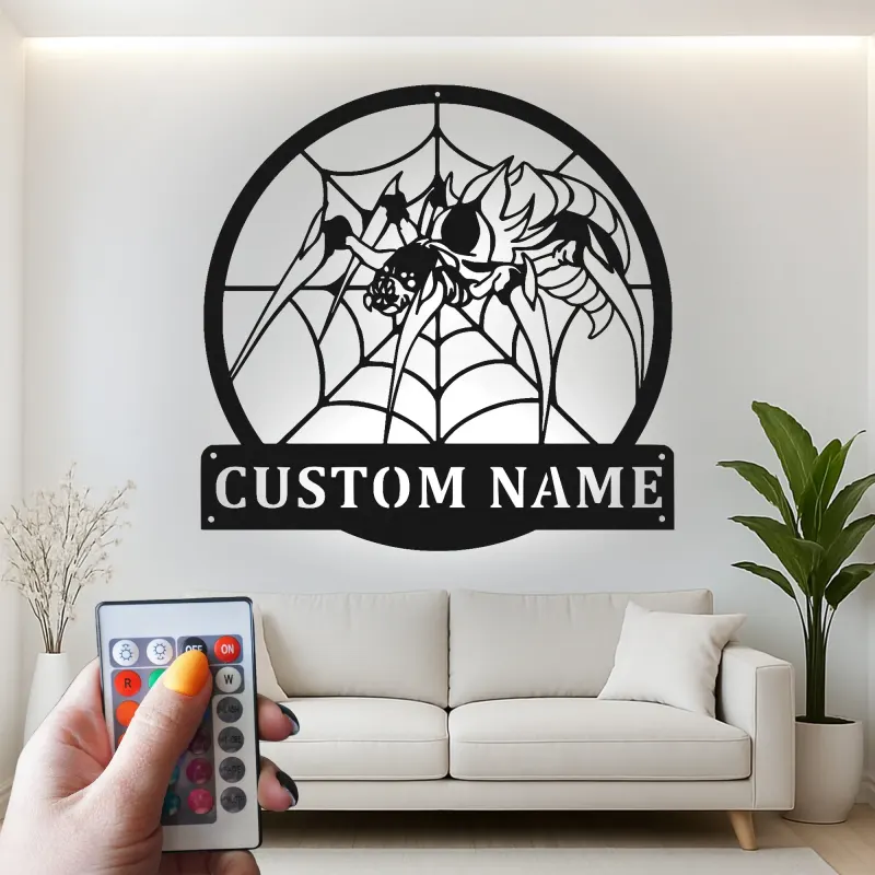 Insegna in metallo personalizzata con ragnatela | Arte murale LED personalizzata | Decorazione per man cave gotica e regalo per amanti degli aracnidi
