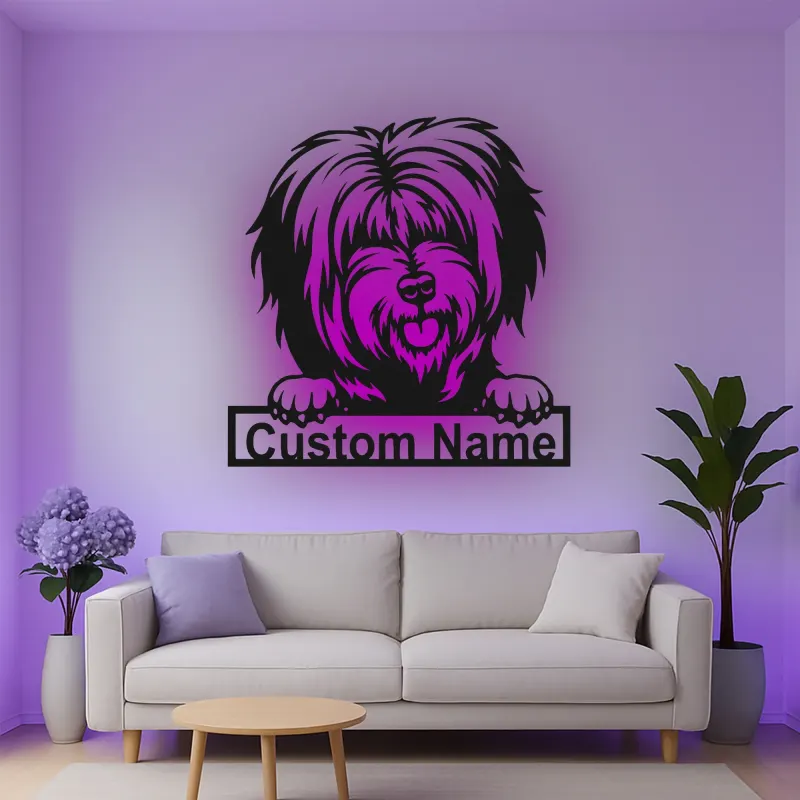 Cartel de metal LED de perro peludo personalizado, regalo para amantes de las mascotas, decoración para salón o espacio para mascotas