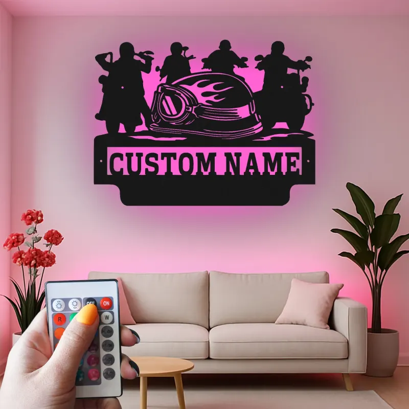 Panneau en métal de moto personnalisé avec LED | Art mural de nom de biker sur mesure | Décoration de cave à vin et garage | Cadeau pour pilotes