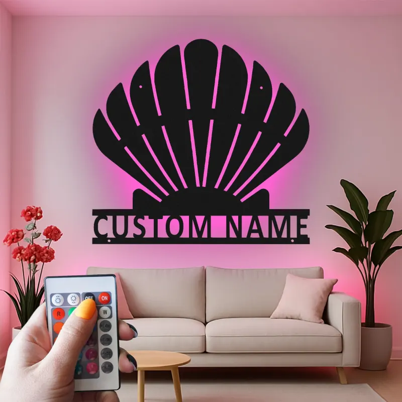 Insegna in metallo LED a forma di conchiglia personalizzata | Arte murale costiera personalizzata | Decorazione per casa al mare e bagno