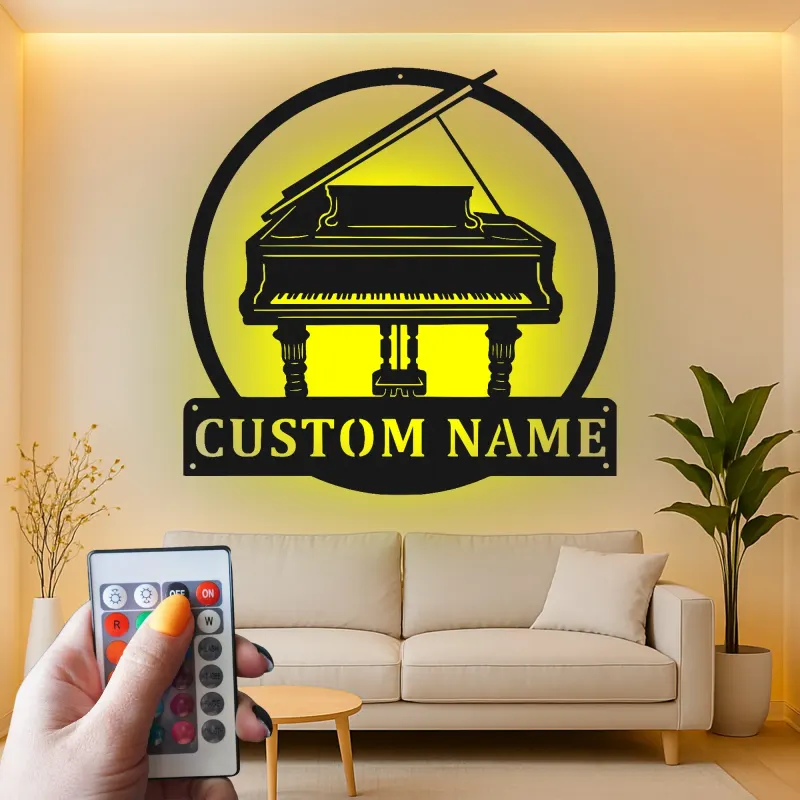 Grand Piano LED Wall Art | Custom Metal Name Sign | Personalized Musician Gift & Studio Decor