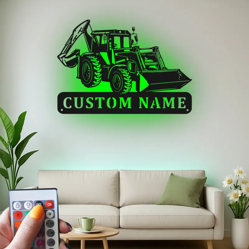 Personalisierte LED-beleuchtete Wandkunst für Baggerlader – Geschenk für Bauenthusiasten, Garage oder Bürodeko